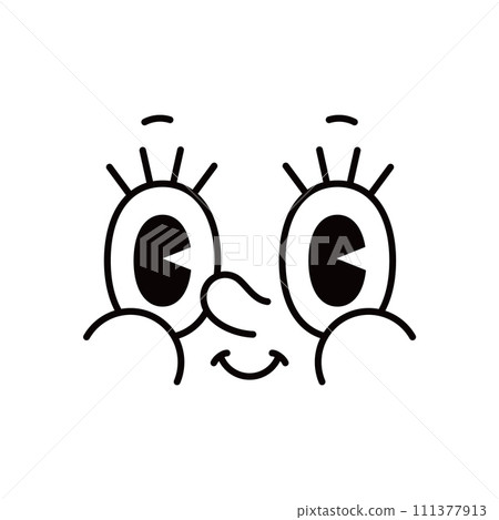 Cartoon face, groovie retro funny emoji with big eyes and nose, vector emoticon character. Comic groovy face emotion with happy or surprised wow goggle eyes and long eyelash in retro cartoon animation 111377913