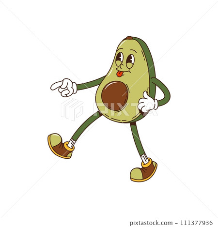 Groovy cartoon avocado character in hippie funky art of 60s and 70s, comic vector. Happy funny groovy avocado with psychedelic face and tongue out retro groovy pop art of quirky avocado fruit 111377936