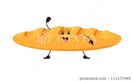 Cartoon funny baguette bread and bakery character. Isolated vector pastry personage. Tall, slender loaf with friendly face, exudes charm and warmth, embodying the essence of traditional bakery delight 111377940