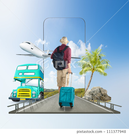 Asian man in a hat with a backpack carrying a suitcase walking on the street with a hill view on the mobile phone screen with a bus and airplane 111377948