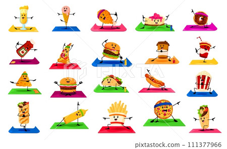 Cartoon fast food characters on yoga fitness sport. Vector cocktail, ice cream, chicken drumstick and cheesecake. Donut, ketchup or mustard bottles, pizza, burger, cola and coffee cups, hot dog, taco 111377966