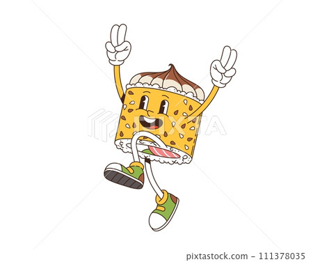 Cartoon retro groovy Japanese roll character. Isolated vector asian food personage. Charming comic snack with vibrant colors, funky and a carefree attitude, embodies the playful spirit of the 70s 111378035