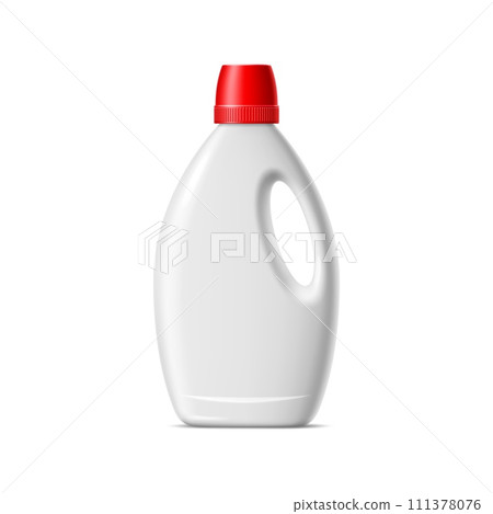 Realistic laundry detergent or softener liquid bottle, vector container package mockup. White plastic bottle of washing detergent or fabric conditioner bottle realistic mock up with red measure cap 111378076