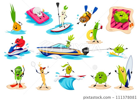 Cartoon cheerful vegetable character on summer beach vacation. Vector onion, champignon, daikon radish and potato. Bell pepper, green pea, and kohlrabi with chinese cabbage, corn, olive or soy bean 111378081
