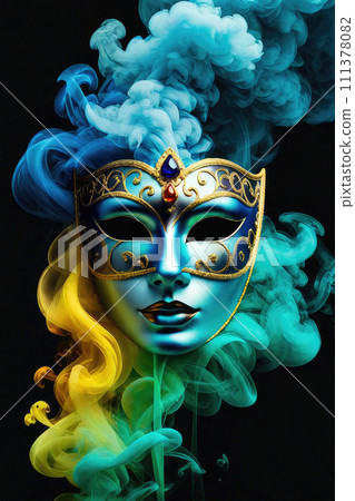 Venetian carnival mask in colored smoke as if by magic. Venetian carnival mask in colored smoke as if by magic. 111378082