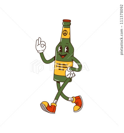 Groovy cartoon bottle character, in hippie or 60s and 70s art, vector funky comic. Funny groovy bottle with face happy walking with peace sign in retro quirky surrealism style and groovy pop art 111378092