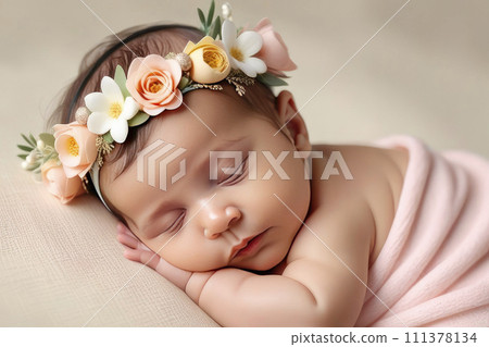 A newborn baby lies in a delicate bed wrapped in cloth and headband with blue flower. 111378134
