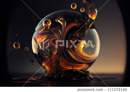 Glass sphere with liquid black and gold waves. Generative AI 111378198