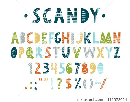 Scandinavian font, nordic type, traditional folk typeface, english alphabet letters and numbers. Vector typography abc characters for kids nursery. Childish font with floral boho and hygge patterns Scandinavian font, nordic type, traditional folk typeface, english alphabet letters and numbers. Vector typography abc characters for kids nursery. Childish font with floral boho and hygge patterns 111378624