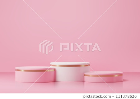 Round pink podium stage with golden rings for product display. Vector realistic geometric shape platform, stand or pedestal of 3d presentation showcase. Empty minimal pastel pink cylinders Round pink podium stage with golden rings for product display. Vector realistic geometric shape platform, stand or pedestal of 3d presentation showcase. Empty minimal pastel pink cylinders 111378626