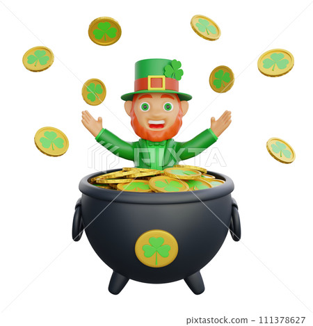 3D illustration of St. Patrick's Day character leprechaun inside a cauldronsurrounded by golden coin 3D illustration of St. Patrick's Day character leprechaun inside a cauldronsurrounded by golden coin 111378627