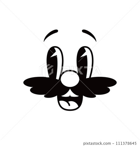 Cartoon funny comic groovy mustached smiling face emotion and retro cute emoji character. Isolated vector mustached comical personage wears cheerful expression, radiating astonishment and surprise 111378645