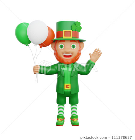 3D illustration of St. Patrick's Day character leprechaun waves hello while holding balloons 3D illustration of St. Patrick's Day character leprechaun waves hello while holding balloons 111378657