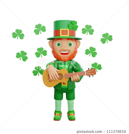 3D illustration of St. Patrick's Day character leprechaun playing a melody on his guitar 3D illustration of St. Patrick's Day character leprechaun playing a melody on his guitar 111378658