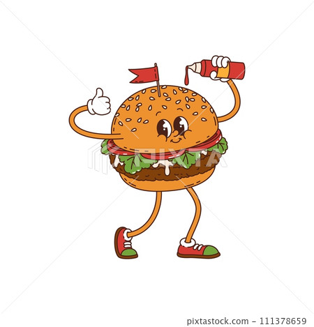 Groovy cartoon funny burger character in comic art or hippie style, vector funky personage. Hippie groovy fast food burger or cheeseburger pouring ketchup with thumb up and happy face in 60s 70s art 111378659