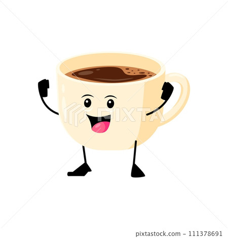 Cartoon cheerful coffee cup breakfast character. Isolated vector perky drink personage with a wide grin, adorned with aromatic foam, radiates warmth and enthusiasm, brings joy to the day in every sip 111378691