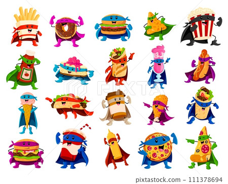 Cartoon fast food superhero characters. Vector french fries, donut, burger, nachos and pop corn. Ketchup or mustard, cheesecake, burrito and cocktail. Hot dog, ice cream, taco, coffee and pizza heroes 111378694