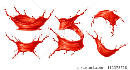Tomato red juice or ketchup sauce splashes. Corona and swirl, tornado and wave flow vector 3d set of liquid food condiment, ketchup or tomato vegetable drink with realistic juicy drops and splatters Tomato red juice or ketchup sauce splashes. Corona and swirl, tornado and wave flow vector 3d set of liquid food condiment, ketchup or tomato vegetable drink with realistic juicy drops and splatters 111378718