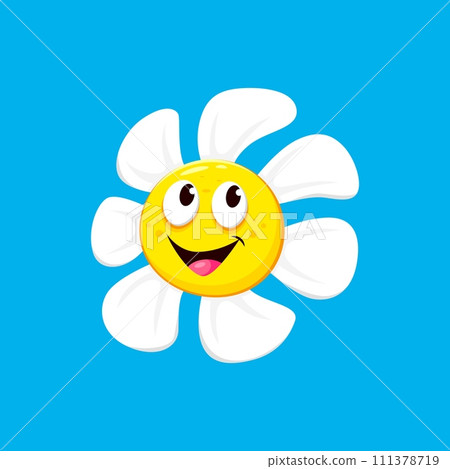 Cartoon chamomile, daisy flower character with smile face emotion vector sunny smiling floral personage with white petals and playful, cheerful expression embodies essence of happiness and relaxation Cartoon chamomile, daisy flower character with smile face emotion vector sunny smiling floral personage with white petals and playful, cheerful expression embodies essence of happiness and relaxation 111378719