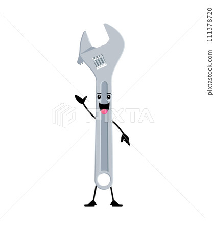 Cartoon funny adjustable wrench diy, building and repair tool character. Isolated vector metallic instrument with a mischievous grin, ready for quirky repairs and playful adventures in the workshop Cartoon funny adjustable wrench diy, building and repair tool character. Isolated vector metallic instrument with a mischievous grin, ready for quirky repairs and playful adventures in the workshop 111378720