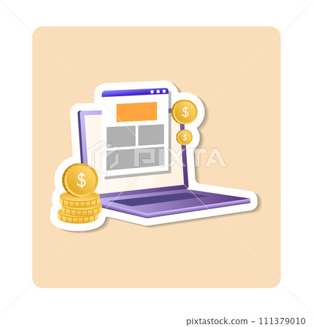 Paid articles sticker illustration. Laptop, coin, page, screen. Editable vector graphic design. 111379010