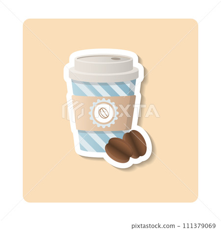 Coffee To Go sticker illustration. Paper cup, coffe beans, lid, label. Editable vector graphic design. 111379069