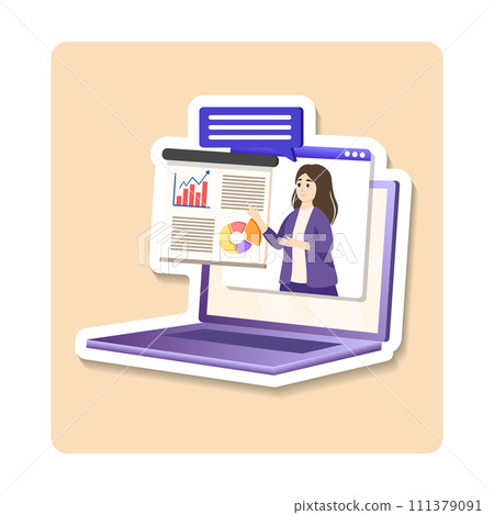 Online training sticker illustration. Flat design concept of online education, training and courses, learning, video tutorials. Vector sticker illustration for website banner, marketing material 111379091