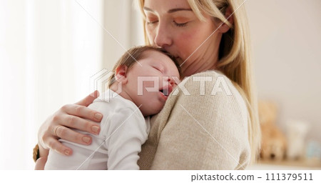 Love, mother and baby in nursery for sleeping, bonding and touch or cuddle with support or care. Woman, mom or holding newborn in bedroom with bond and relax for child development and nurture in home 111379511