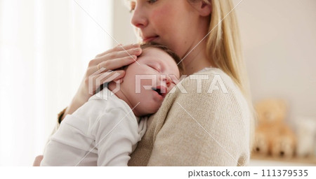 Love, mother and baby in nursery for sleeping, bonding and touch or cuddle with support or care. Woman, mom or holding newborn in bedroom with bond and relax for child development and nurture in home Love, mother and baby in nursery for sleeping, bonding and touch or cuddle with support or care. Woman, mom or holding newborn in bedroom with bond and relax for child development and nurture in home 111379535