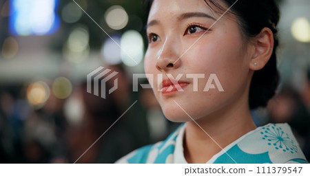 Thinking, Japanese woman and ideas with decision, choice and opportunity with planning, wonder and travel. Person, outdoor and girl in the streets, relax and clam with peace, commute and thoughts 111379547