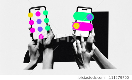 Modern aesthetic artwork. Two hands holding smartphones, with screens filled with colorful dots and shapes, implying app interactivity. Modern aesthetic artwork. Two hands holding smartphones, with screens filled with colorful dots and shapes, implying app interactivity. 111379700