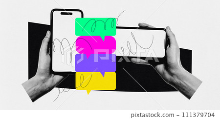 Modern aesthetic artwork. Two hands holding smartphones with colorful chat bubbles and scribbles, symbolizing digital communication. 111379704