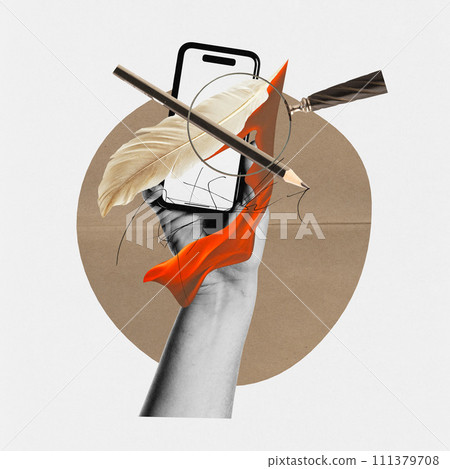 Modern aesthetic artwork. Hand holding a smartphone, with elements of typography or writer such as pencil, feather. Modern aesthetic artwork. Hand holding a smartphone, with elements of typography or writer such as pencil, feather. 111379708