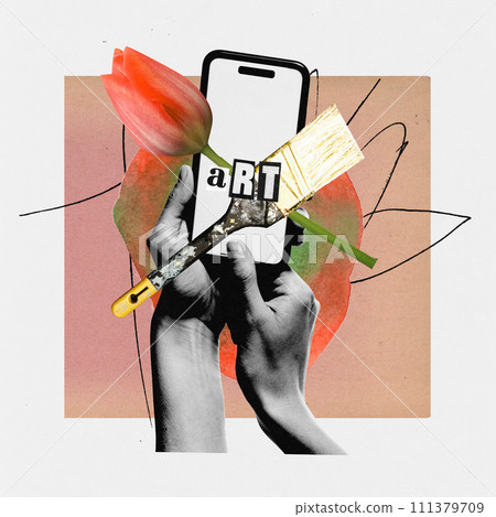 Poster. Contemporary art collage. Hands holding smartphone with paintbrush and word Art on screen with tulip. Poster. Contemporary art collage. Hands holding smartphone with paintbrush and word Art on screen with tulip. 111379709
