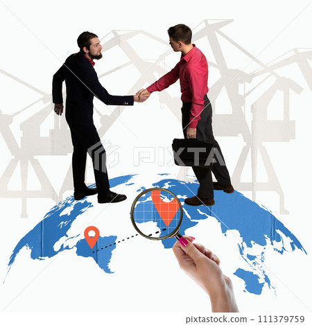 Man standing on world glove with location pin and shaking hands. Successful client relations. Creative modern design. 111379759