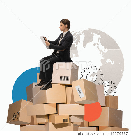 Man sitting on cardboard boxes and making notes over world map background. Global distribution. Creative modern design. Man sitting on cardboard boxes and making notes over world map background. Global distribution. Creative modern design. 111379787