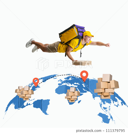 Delivery man flying with pizza boxes over word map with location pins and cardboard boxes. Fast services. Creative modern design. Delivery man flying with pizza boxes over word map with location pins and cardboard boxes. Fast services. Creative modern design. 111379795