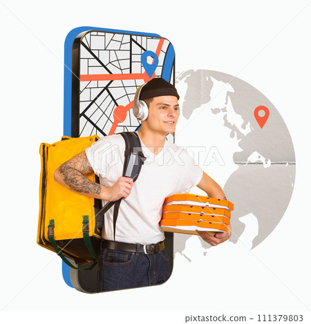 Man, courier standing with pizza boxes over phone screen showing map, navigation against world map with location pin. Creative modern design. Man, courier standing with pizza boxes over phone screen showing map, navigation against world map with location pin. Creative modern design. 111379803