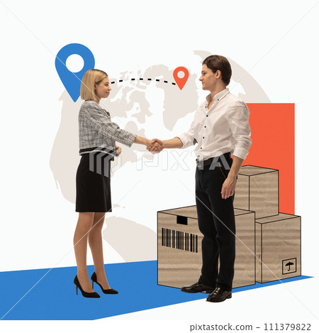 Man and woman shaking hands in front of cardboard boxes with world map on background. Global logistics collaboration. Creative modern design. Man and woman shaking hands in front of cardboard boxes with world map on background. Global logistics collaboration. Creative modern design. 111379822