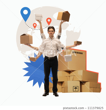 Man with multiple hands holding boxes with global map and location pins in background. Speed and accuracy in parcel deliver. Creative modern design. 111379825
