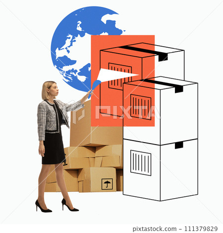 Woman scanning barcode on boxes with world map in background. Digitalization on global shipping. Creative modern design. 111379829