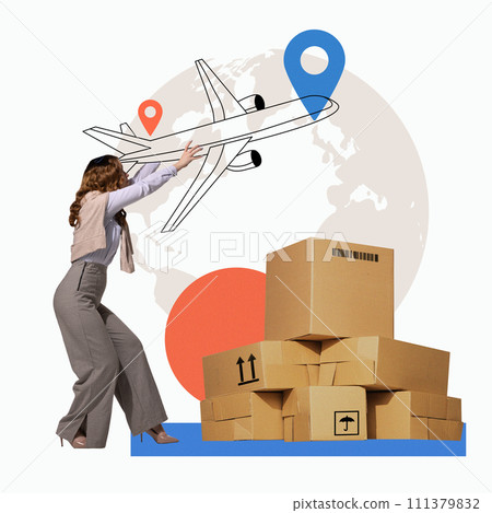 Woman guiding paper airplane towards map with location pins, cardboard boxes in foreground. Optimizing air freight operations. Creative modern design. 111379832