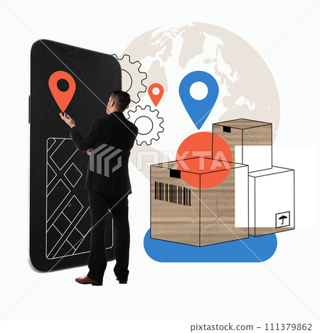 Man looking on smartphone with map and location pins, beside cardboard boxes and gears over globe image. Logistics mobile app. Creative modern design. Man looking on smartphone with map and location pins, beside cardboard boxes and gears over globe image. Logistics mobile app. Creative modern design. 111379862