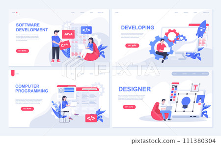 Software development web concept for landing page in flat design. Computer programming, program developing, interface creating, product release. Vector illustration with people characters for homepage 111380304