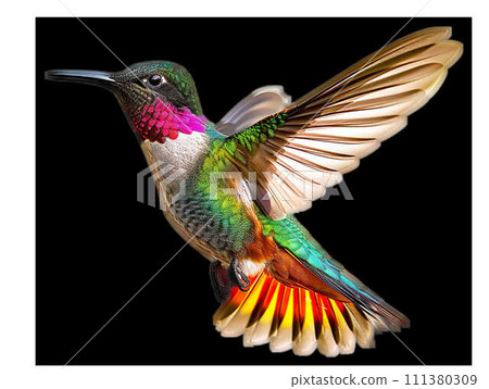 AI-generated content. A Colorful hummingbird flying AI-generated content. A Colorful hummingbird flying 111380309