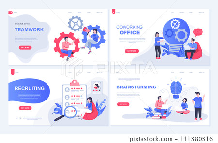 Coworking office and teamwork web concept for landing page in flat design. Staff team working and brainstorming, company employment, recruiting. Vector illustration with people characters for homepage 111380316
