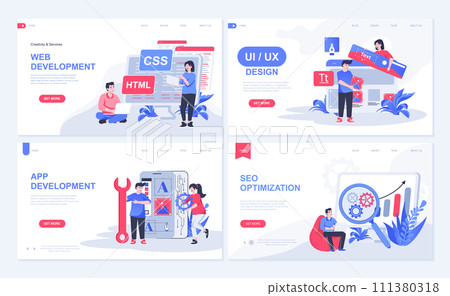 Web development concept for landing page in flat design. App creating with UI UX designing, html programming, SEO optimization settings. Vector illustration with people characters for homepage 111380318