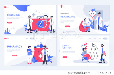 Medicine and healthcare web concept for landing page in flat design. Doctor consultation, patient visits therapist at clinic center, pharmacy. Vector illustration with people characters for homepage Medicine and healthcare web concept for landing page in flat design. Doctor consultation, patient visits therapist at clinic center, pharmacy. Vector illustration with people characters for homepage 111380323