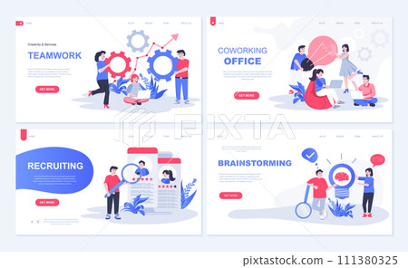 Office teamwork web concept for landing page in flat design. Colleagues brainstorming and collaboration, coworking space, recruiting process. Vector illustration with people characters for homepage Office teamwork web concept for landing page in flat design. Colleagues brainstorming and collaboration, coworking space, recruiting process. Vector illustration with people characters for homepage 111380325