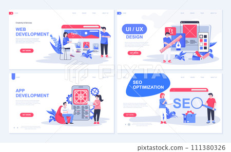 Web development concept for landing page in flat design. App developing with UI UX designing, programming, interface creating, SEO optimization. Vector illustration with people characters for homepage Web development concept for landing page in flat design. App developing with UI UX designing, programming, interface creating, SEO optimization. Vector illustration with people characters for homepage 111380326